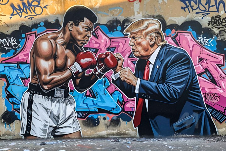 Digitale Kunst mit dem Titel "Ali and Donald" von Farouk Ferrah, Original-Kunstwerk, KI-generiertes Bild