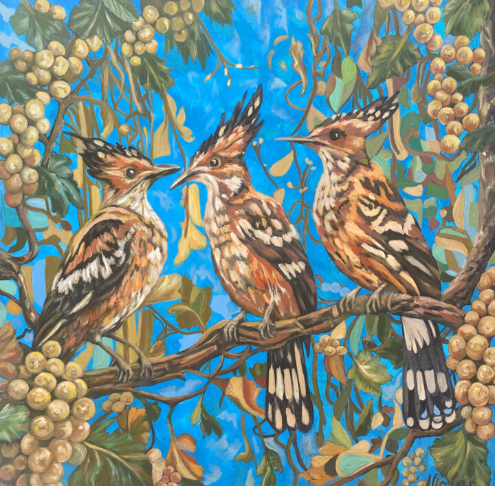 Peinture intitulée ""Hoopoes on the gra…" par Pintor Nicolas, Œuvre d'art originale, Huile