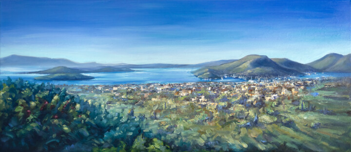 Painting titled "Greek Panorama" by Adrienn Pécsek, Original Artwork, Oil Mounted on Wood Stretcher frame