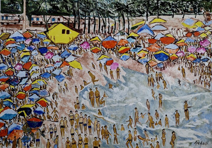 Pintura intitulada "BUSTLING BEACH SCENE" por Yes, Obras de arte originais, Acrílico