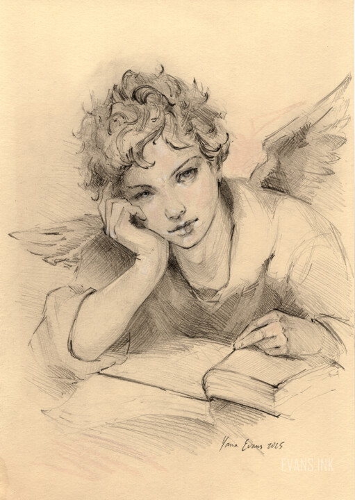 Рисунок под названием "Contemplative Putto…" - Yana Evans Ink, Подлинное произведение искусства, Карандаш