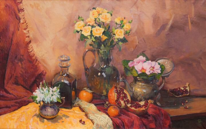 Painting titled "Flowers and fruits." by Sviatoslav Barabash, Original Artwork, Oil Mounted on Wood Stretcher frame