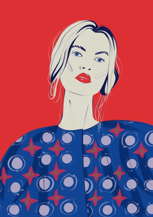 Arts numériques intitulée "A girl on a red bac…" par Ekaterina Kuklina, Œuvre d'art originale, Peinture numérique