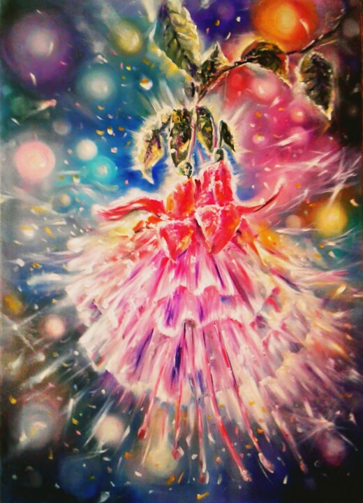 Painting titled "Dancing Fuchsia" by Antara Terrael, Original Artwork, Oil Mounted on Wood Stretcher frame