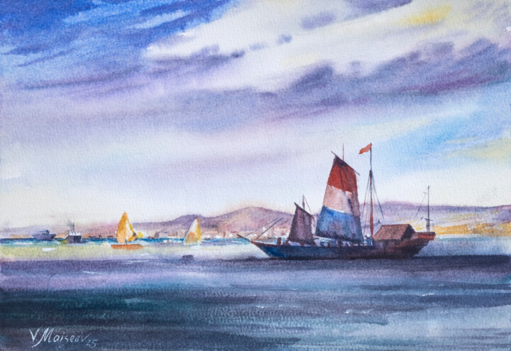 Pintura intitulada ""Sails of France"" por Vitaly Moiseev, Obras de arte originais, Aquarela