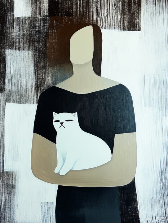 Цифровое искусство под названием "Woman with white Cat" - Julia Evpak, Подлинное произведение искусства, Цифровая живопись У…