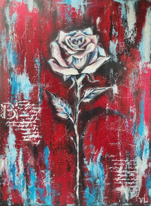 "White Rose on Red –…" başlıklı Tablo Valentyna Loboda tarafından, Orijinal sanat, Akrilik Ahşap Sedye çerçevesi üzerine mon…
