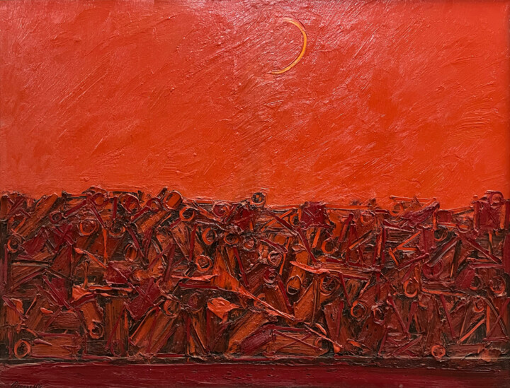 "Ominidi sotto la lu…" başlıklı Tablo Gastone Cecconello tarafından, Orijinal sanat, Petrol Ahşap panel üzerine monte edilmiş