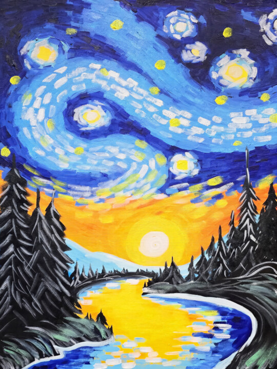 Painting titled "Starry River" by Tetiana Surshko (SurshkoArt), Original Artwork, Oil