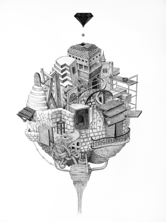 "Kafka" başlıklı Resim Andromachi Giannopoulou tarafından, Orijinal sanat, Tükenmez kalem Karton üzerine monte edilmiş