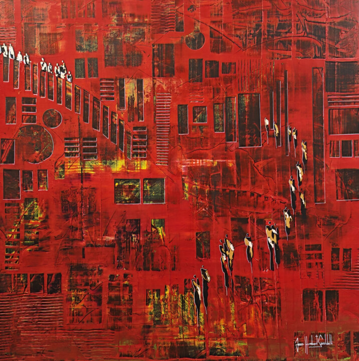 Malarstwo zatytułowany „TAPIS ROUGE” autorstwa Jean-Humbert Savoldelli, Oryginalna praca, Akryl Zamontowany na Drewniana ram…