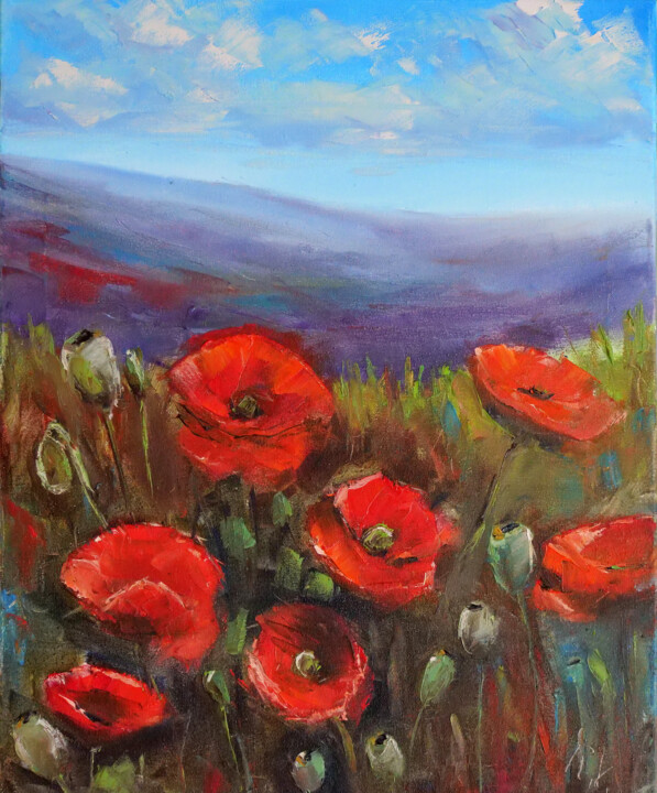 Painting titled "Red Poppies Tuscany…" by Dr. Barmely, Original Artwork, Oil
