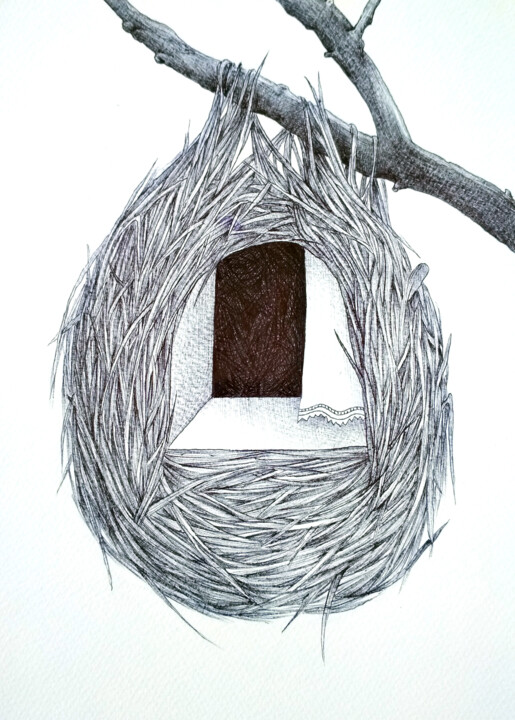 "A simple nest" başlıklı Resim Andromachi Giannopoulou tarafından, Orijinal sanat, Tükenmez kalem Karton üzerine monte edilm…