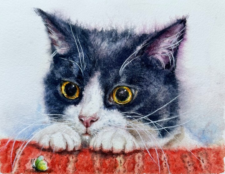 Peinture intitulée "Kitty hunting a but…" par Yuliya Ozdemir, Œuvre d'art originale, Aquarelle