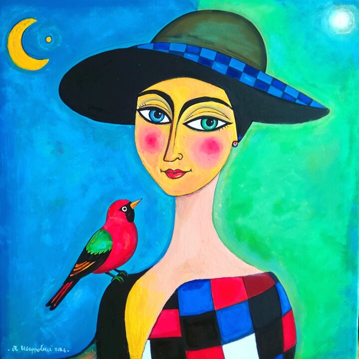 Pintura intitulada "Ragazza con cardell…" por Angelo Mazzoleni, Obras de arte originais, Óleo Montado em Armação em madeira