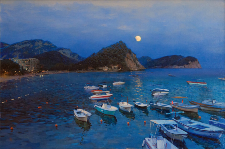 Painting titled "Montenegro. Evening…" by Sviatoslav Barabash, Original Artwork, Oil Mounted on Wood Stretcher frame