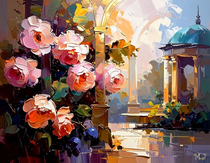 Grafika cyfrowa / sztuka generowana cyfrowo zatytułowany „Roses, garden gazebo” autorstwa Armajay, Oryginalna praca, Malarst…