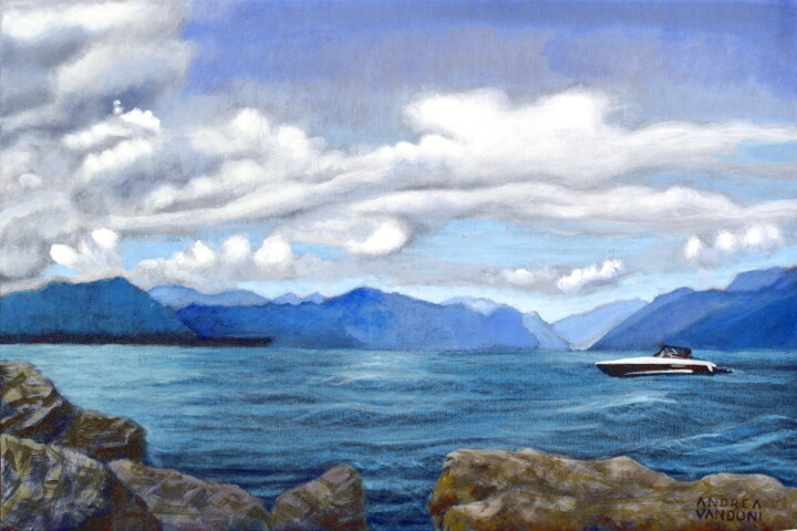 Painting titled "Lake Garda" by Andrea Vandoni, Original Artwork, Acrylic Mounted on Wood Stretcher frame