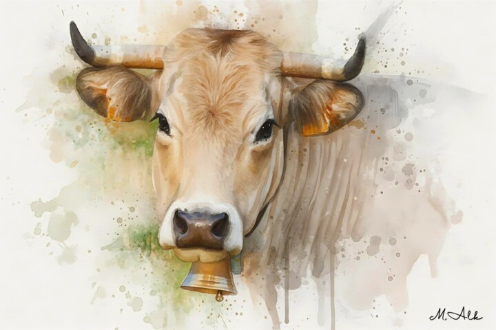 Digital Arts titled "Watercolor Cow Port…" by M Alk, Original Artwork, Digital Painting