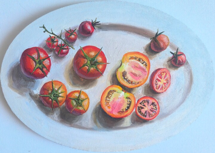 Peinture intitulée "Tomatoes on White P…" par Leyla Demir, Œuvre d'art originale, Huile Monté sur Châssis en bois