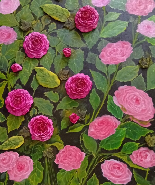 Peinture intitulée "Dentro del rosal" par María Rosario Aladro Loza, Œuvre d'art originale, Huile Monté sur Panneau de bois