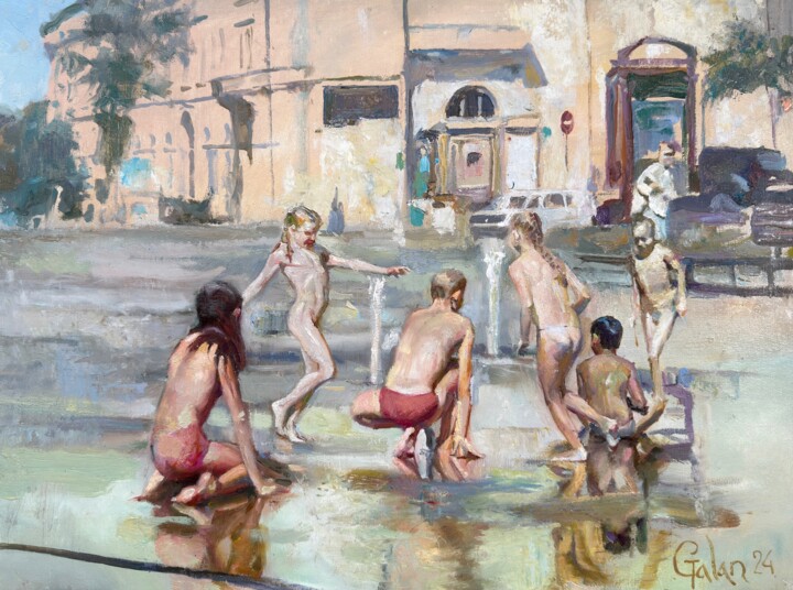 Painting titled "Summer Fountain – C…" by Igor Galan, Original Artwork, Oil Mounted on Wood Stretcher frame