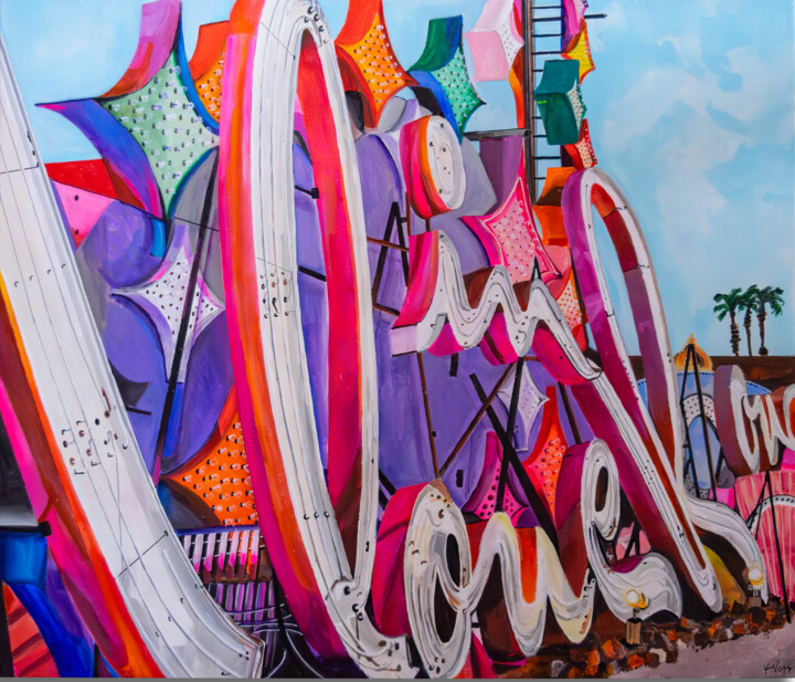 Картина под названием "Neon Graveyard" - Kristin Voss, Подлинное произведение искусства, Акрил Установлен на Деревянная рама…