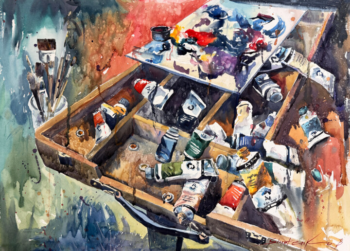 Painting titled "Artist's studio" by Bogdan Shiptenko, Original Artwork, Watercolor Mounted on Wood Stretcher frame