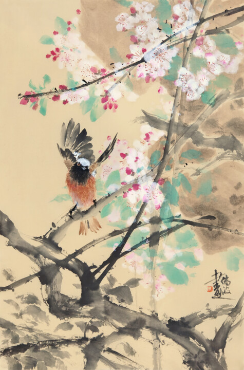 "《雀跃海棠》宣纸软片 写意花鸟 2025" başlıklı Tablo Chuanbo Zhou tarafından, Orijinal sanat, Suluboya