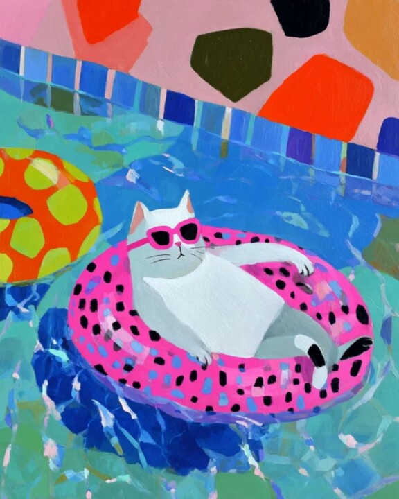 "White Cat with Pink…" başlıklı Dijital Sanat Sasha Robinson tarafından, Orijinal sanat, Dijital baskı