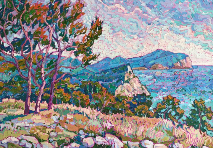 Painting titled "Coastline of Secrets" by Natalia Bessmertnova, Original Artwork, Oil