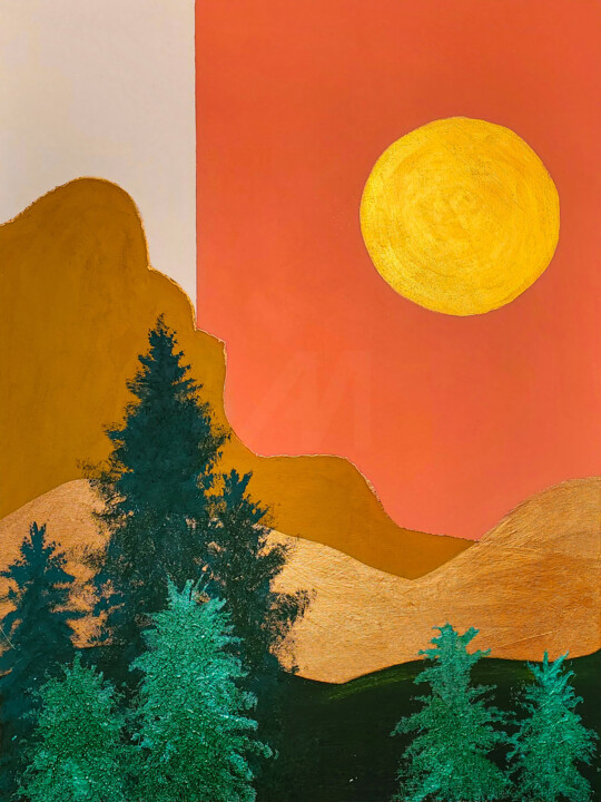 Painting titled "Golden Sun over Hil…" by Tetiana Surshko (SurshkoArt), Original Artwork, Oil