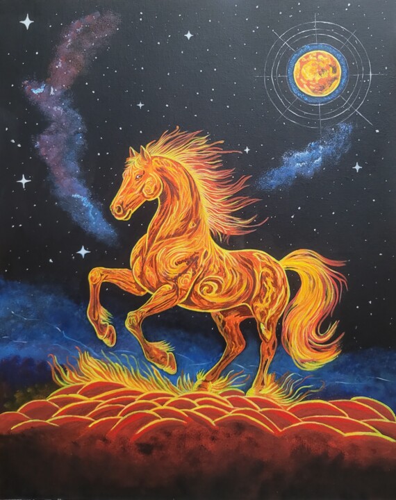 Pintura intitulada "The Horse: A Celest…" por Natalya Popovtseva, Obras de arte originais, Acrílico