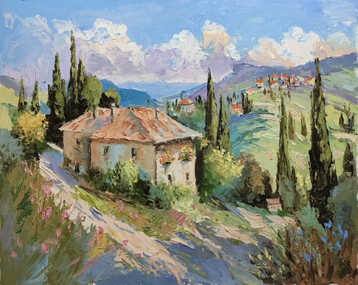 Painting titled "Tuscany. Cypress Pa…" by Vita Schagen, Original Artwork, Oil Mounted on Wood Stretcher frame
