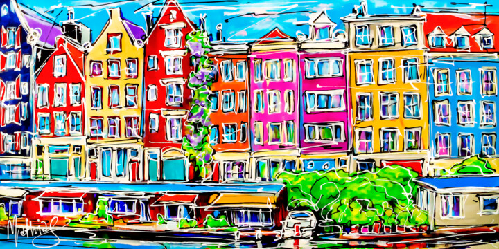 Malarstwo zatytułowany „Canal of Amsterdam…” autorstwa Mathias (1975), Oryginalna praca, Akryl