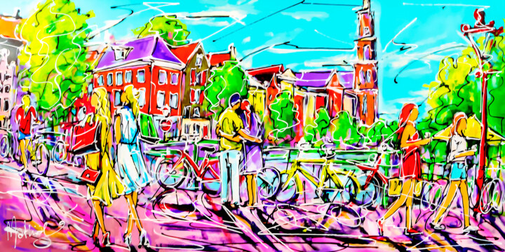 Malarstwo zatytułowany „Street of Amsterdam…” autorstwa Mathias (1975), Oryginalna praca, Akryl