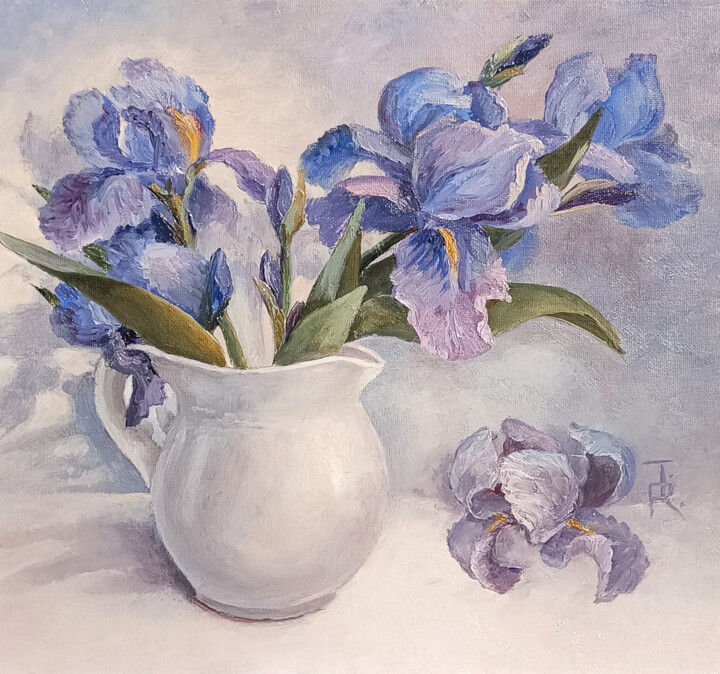 Painting titled "Celestial Irises -…" by Tamara Rozinskay, Original Artwork, Oil Mounted on Cardboard