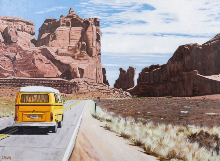 Painting titled "Red Arches" by Yvan Favre, Original Artwork, Oil Mounted on Wood Stretcher frame