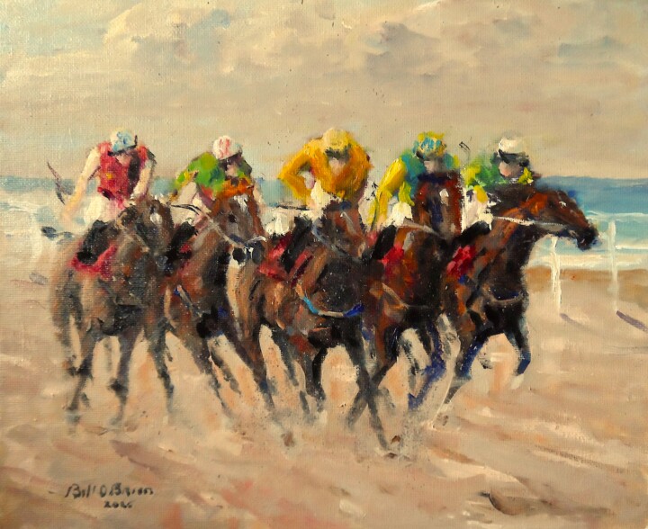 Malerei mit dem Titel "Horse Racing Laytow…" von Bill O'Brien, Original-Kunstwerk, Öl Auf Karton montiert