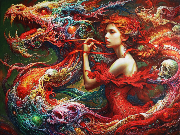 Painting titled "Drauon Soul" by Rékai Zsolt, Original Artwork, Oil Mounted on Wood Stretcher frame