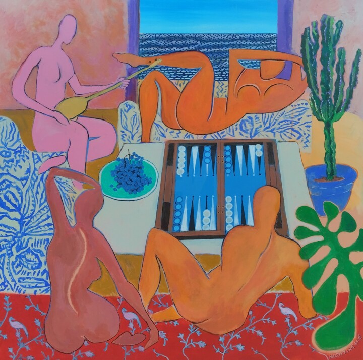 Painting titled "The Backgammon Game" by Tam Nightingale, Original Artwork, Acrylic Mounted on Wood Stretcher frame