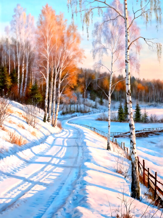 Arts numériques intitulée "Snowy Countryside R…" par Sergei Gundorov, Œuvre d'art originale, Peinture numérique