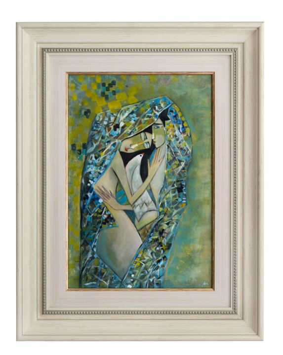 Schilderij getiteld "Прегръдката" door Anna Mytavska (Cabrerra), Origineel Kunstwerk, Olie Gemonteerd op Frame voor houten b…