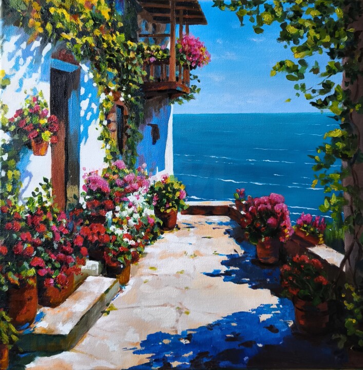 Malerei mit dem Titel "Terrasse am Meer" von Janina Rudenko, Original-Kunstwerk, Öl Auf Keilrahmen aus Holz montiert