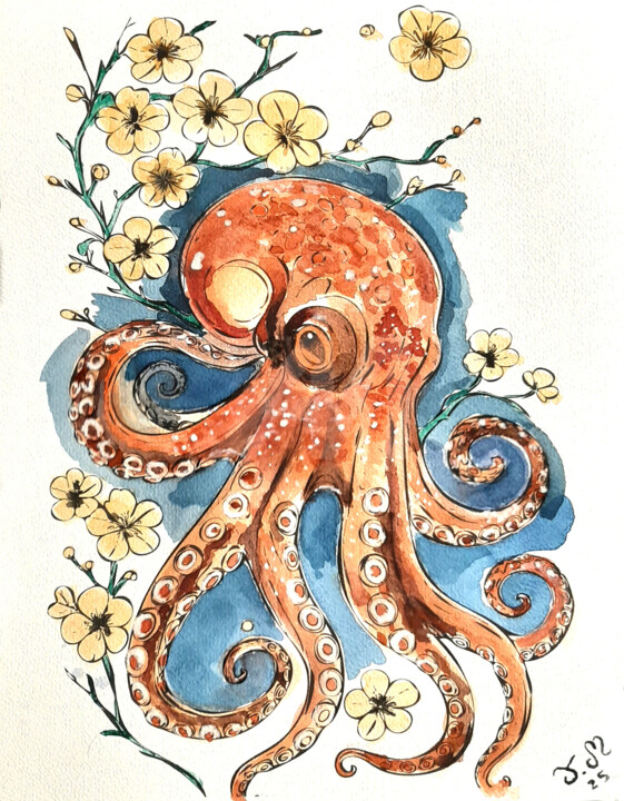 Painting titled "Dance of the Depths" by Armajay, Original Artwork, Watercolor