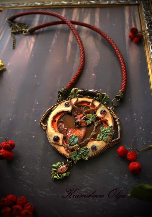 Sculpture titled ""Forest Deer" neckl…" by Olga Kras, Original Artwork, Polymer clay