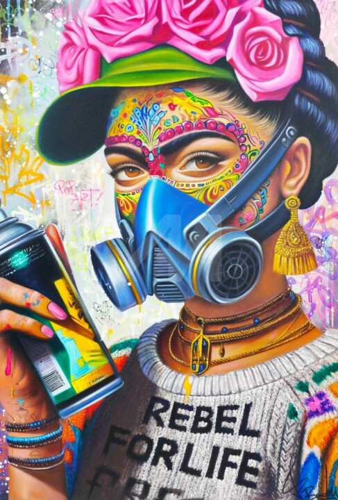 绘画 标题为“Frida Kahlo Street…” 由Vincent Bardou, 原创艺术品, 丙烯 安装在木质担架架上