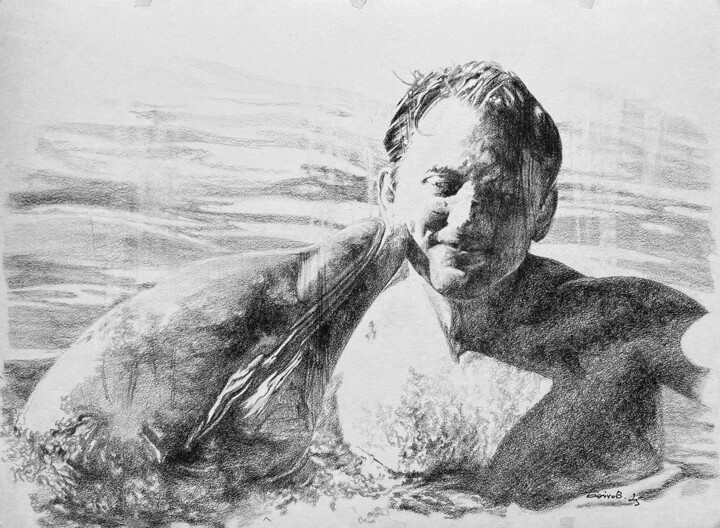 Dessin intitulée "Дельфины" par Boytsov, Œuvre d'art originale, Fusain