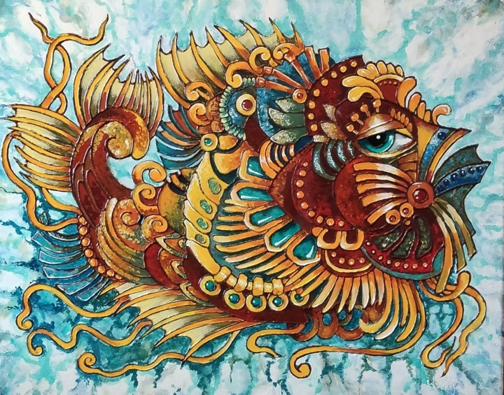 Painting titled "Steampunk Magic Fish" by Irina Kuprijanova, Original Artwork, Acrylic Mounted on Wood Stretcher frame