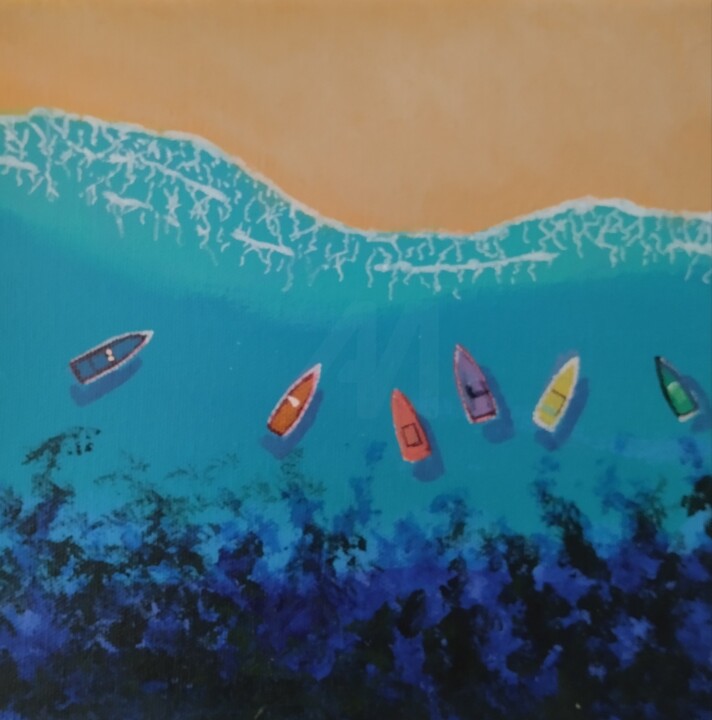 Painting titled "Greek fishing boats" by Tam Nightingale, Original Artwork, Acrylic Mounted on Wood Stretcher frame